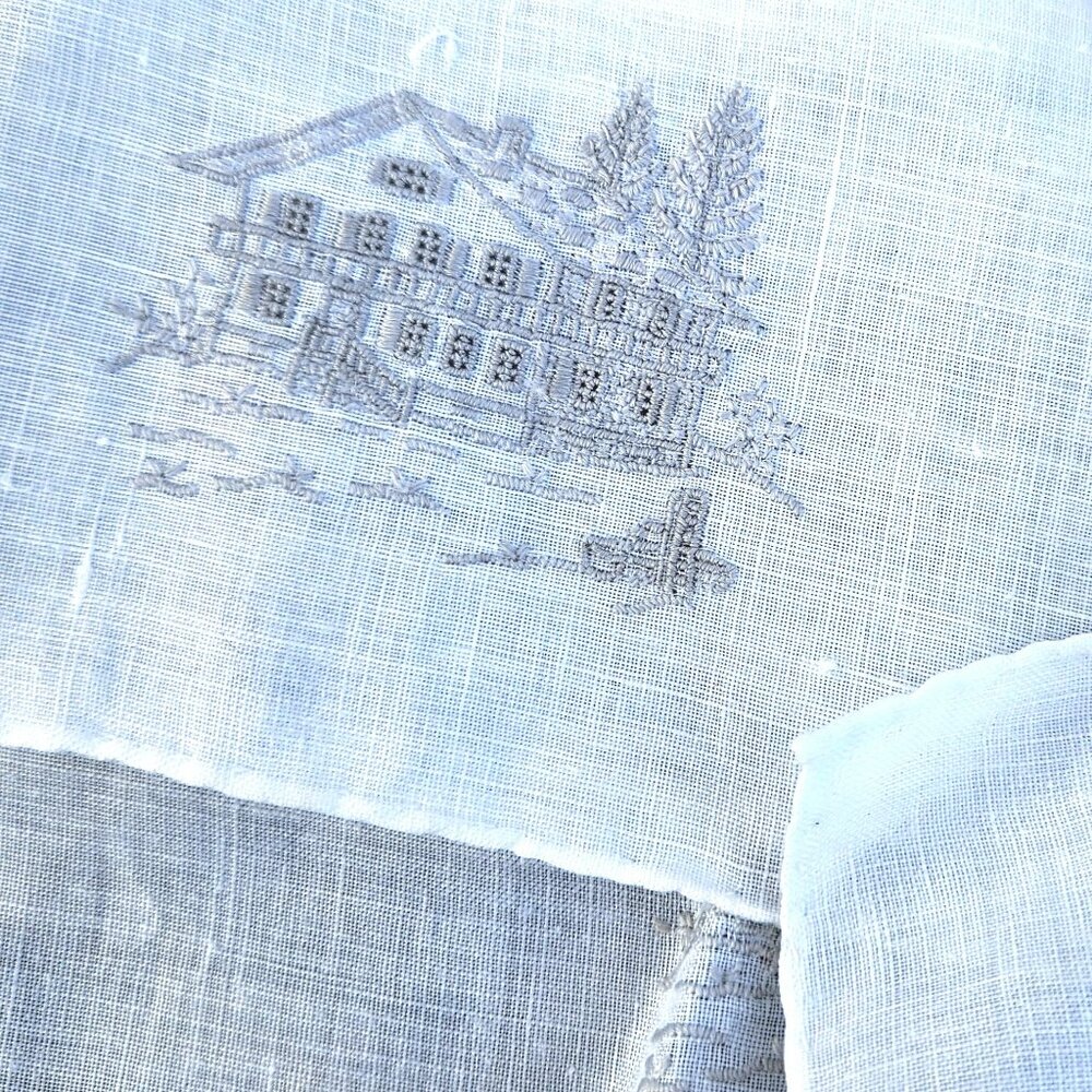 Vintage Micro Embroidery White Linen Hankie Napkin Set Set of 8